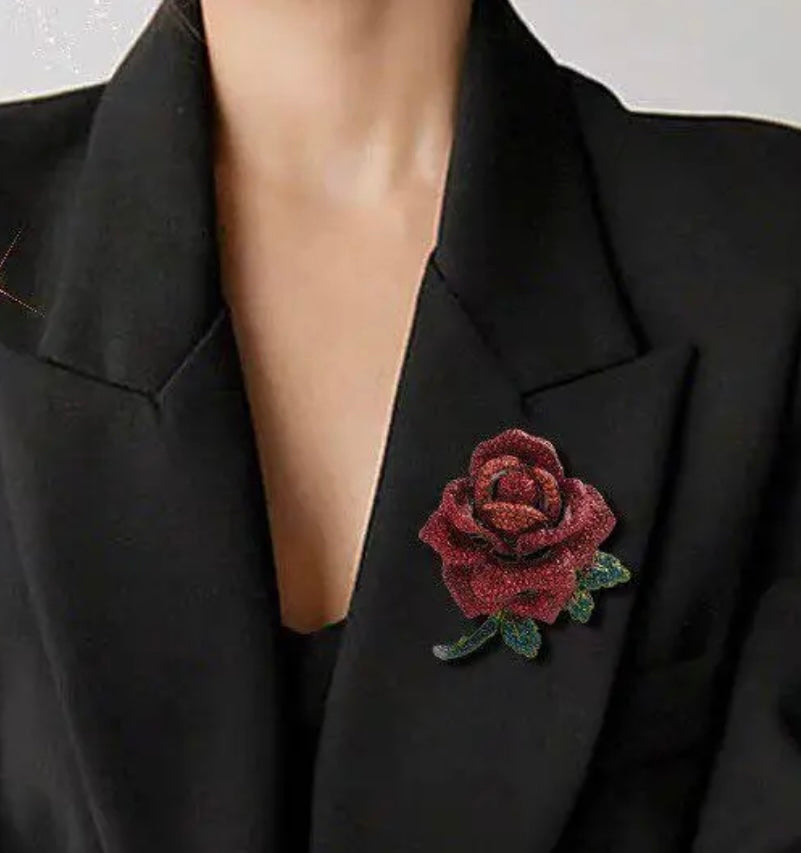 Jewelled Large Single Red Rose Sparkle Brooch