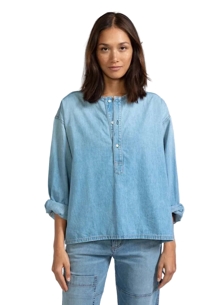 NWT- Askk NY  Denim Henley Shirt in Jackson Wash  - Size M
