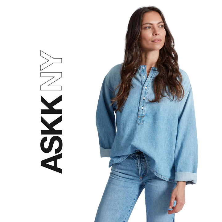 NWT- Askk NY  Denim Henley Shirt in Jackson Wash  - Size M