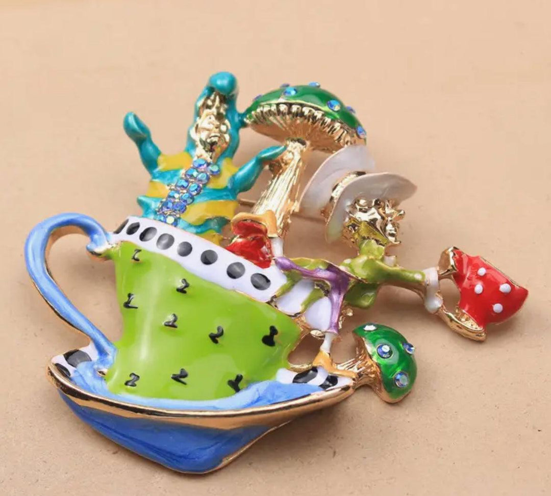 Mad Hatter Teacup Enamel & Sparkle Brooch