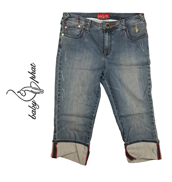 NEW- Baby Phat Cuffed Distressed Denim Capri- US Size 14 or 16/18 AU