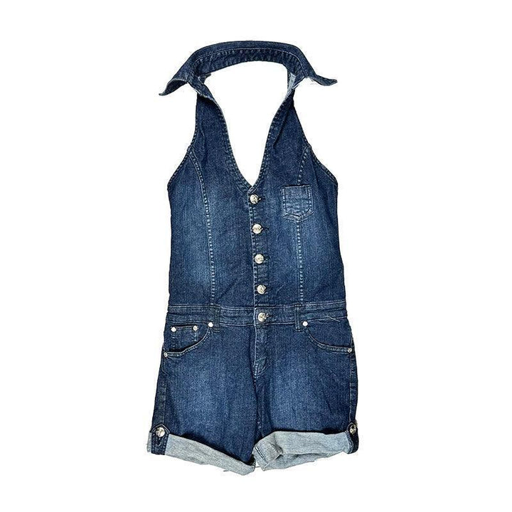 Bebe Denim Denim Halter Jumpsuit Romper Playsuit - Size S - Jean Pool