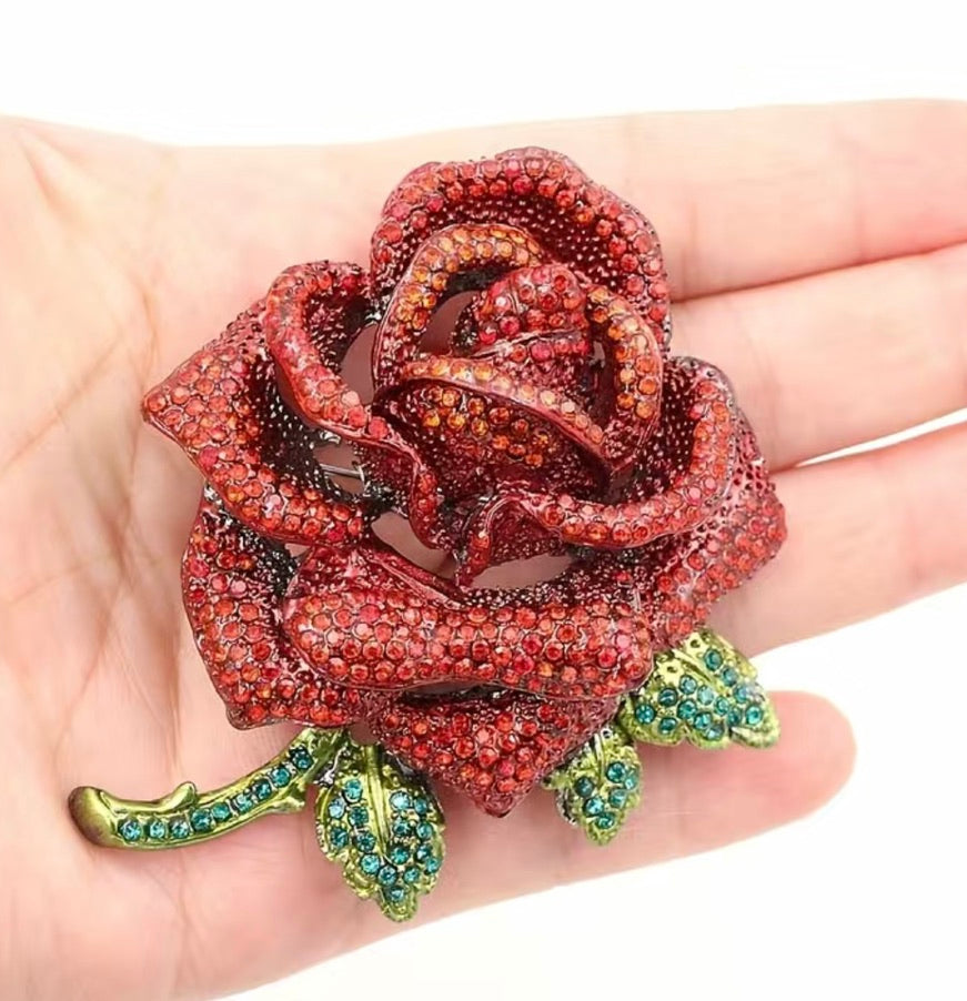 Jewelled Large Single Red Rose Sparkle Brooch