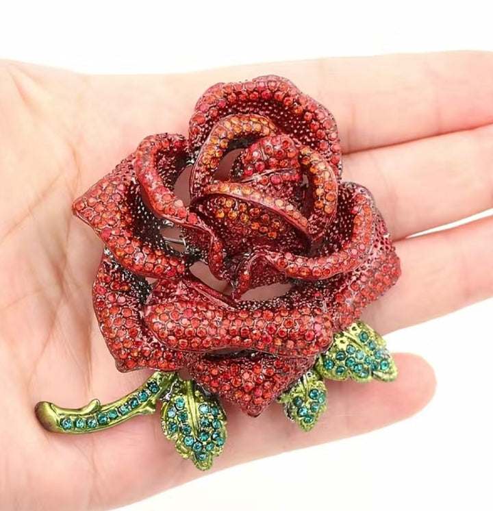 Jewelled Large Single Red Rose Sparkle Brooch