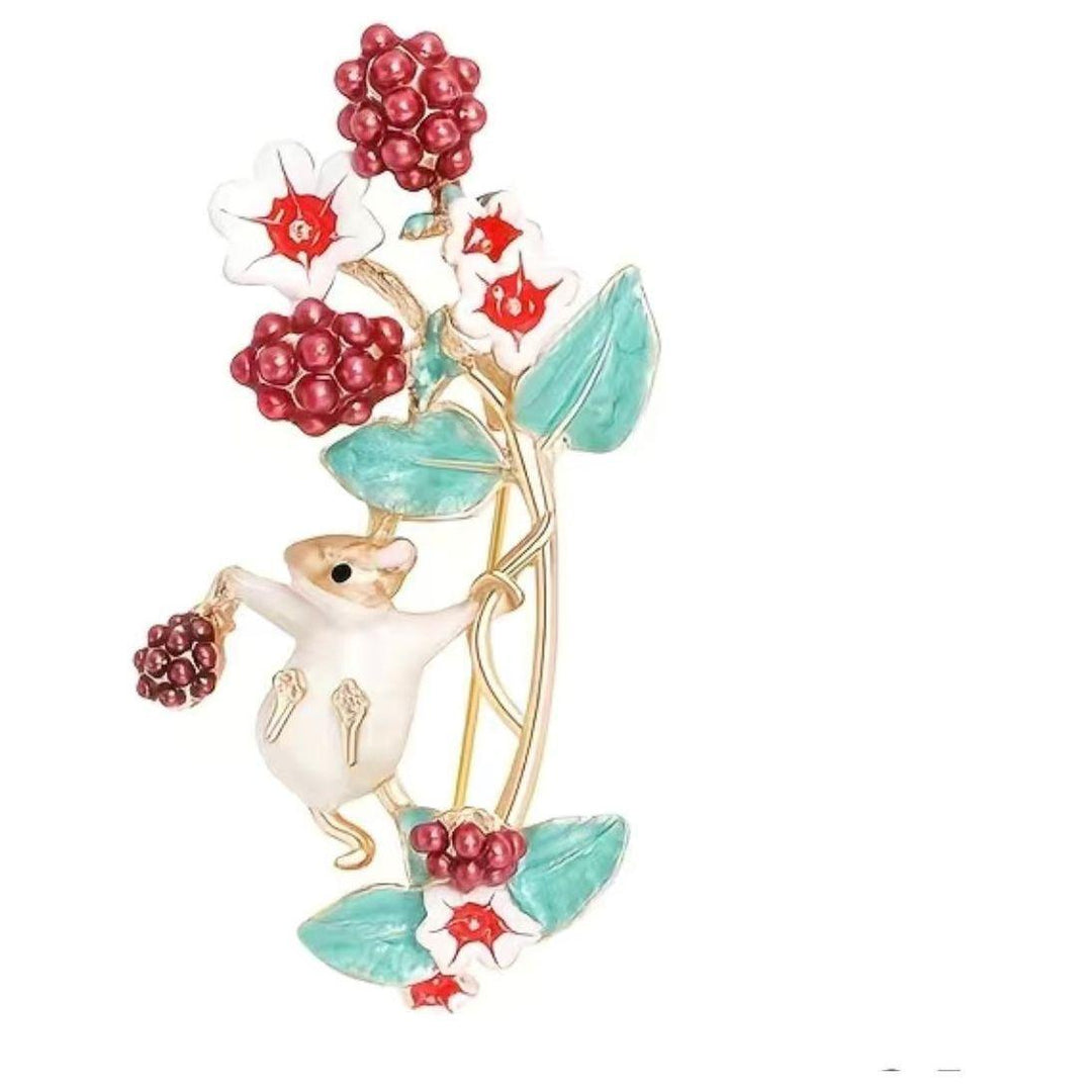 Enamel Floral Mouse in the Berries Brooch - Jean Pool