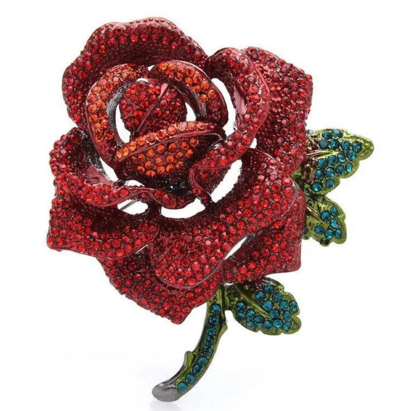 Jewelled Large Single Red Rose Sparkle Brooch