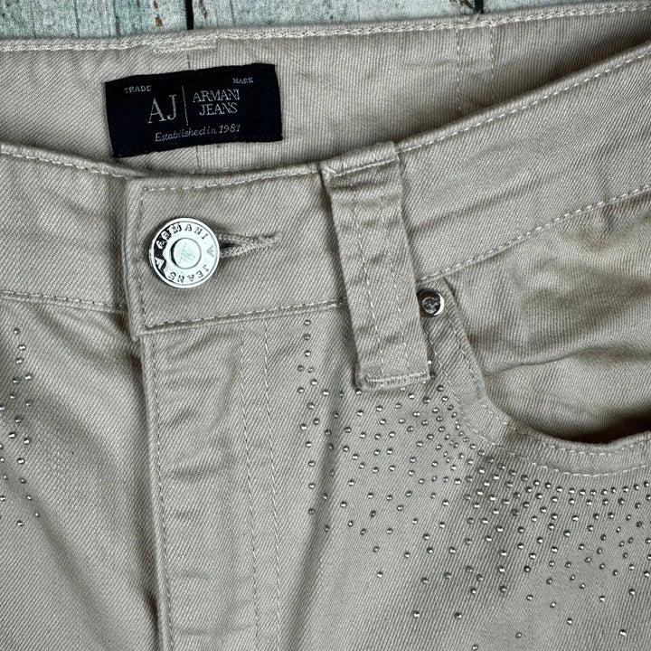 Armani Jeans Slim Straight Beige Rhinestone Jeans -Size 27 - Jean Pool