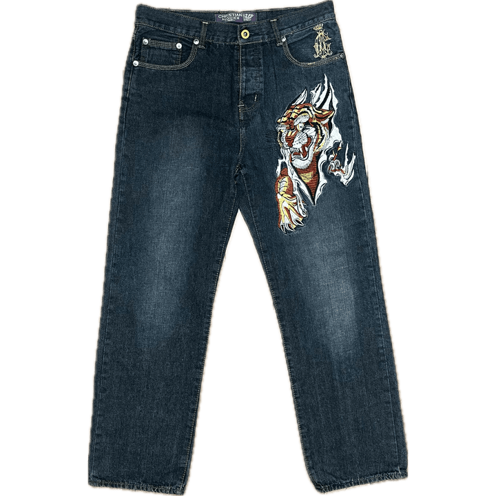 Christian Audigier Relaxed Logo Embroidered Tiger Jeans - Size 34