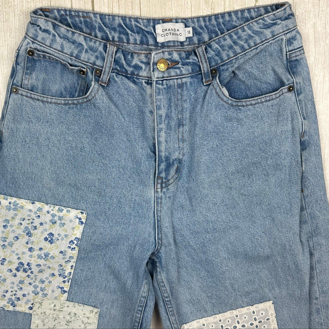 Ghanda 'Cameron' High Rise Wide Leg Patch Jeans - Size 12