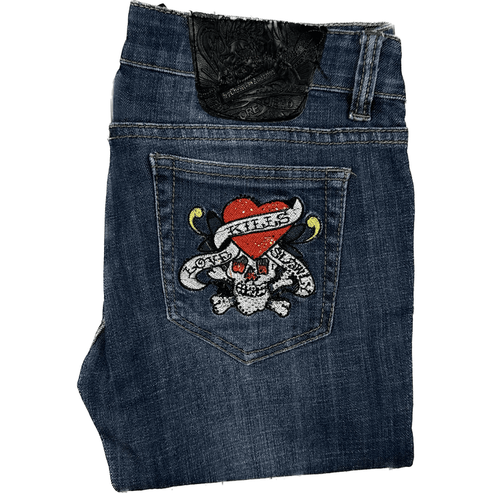 Ed Hardy 'Love Kills' Tattoo Print Ladies Denim Jeans - Size 28 - Jean Pool