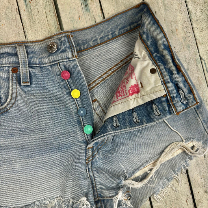 Levis 501 Ladies Rainbow Button Denim Shorts - Size 24 - Jean Pool