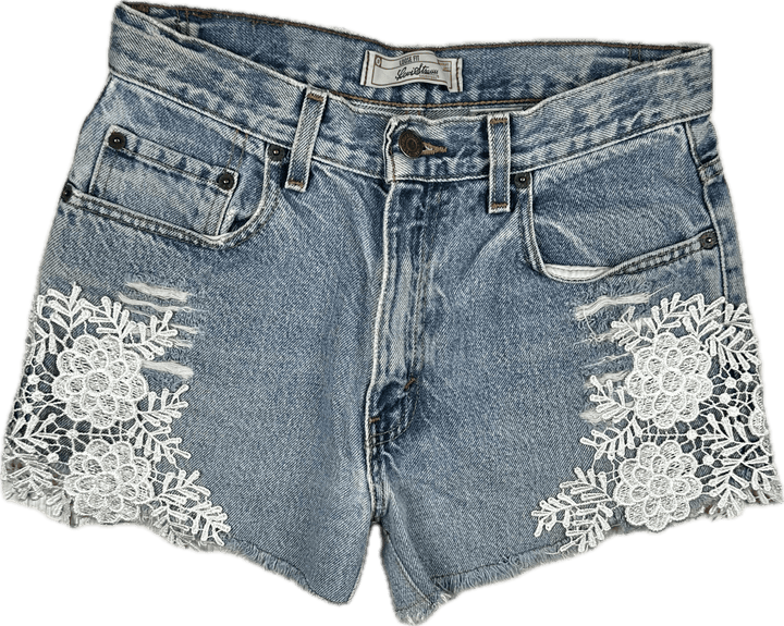 Levis Reworked  High Rise Disresssed Lace Trim Denim Shorts - Size 25"