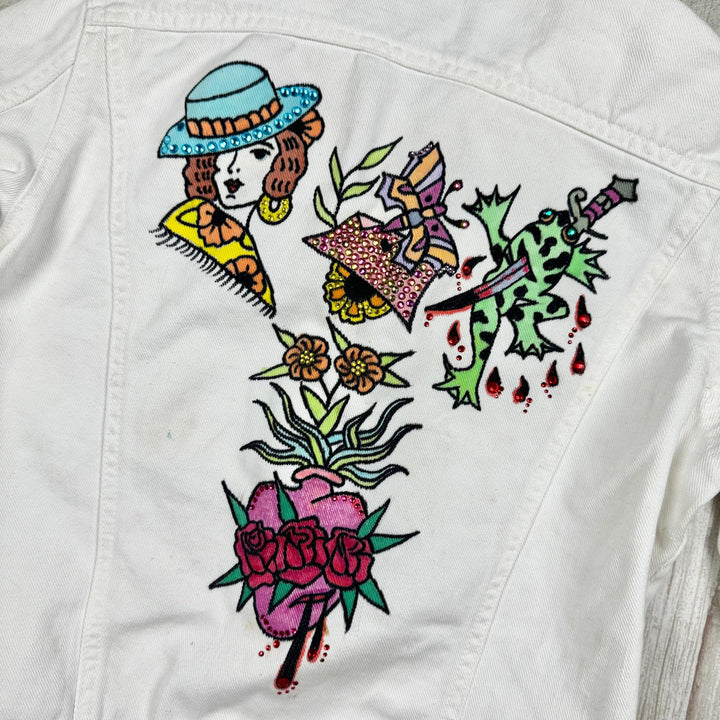 AMCO Vintage 1970's White Tattoo Print Denim Jacket - Size XS