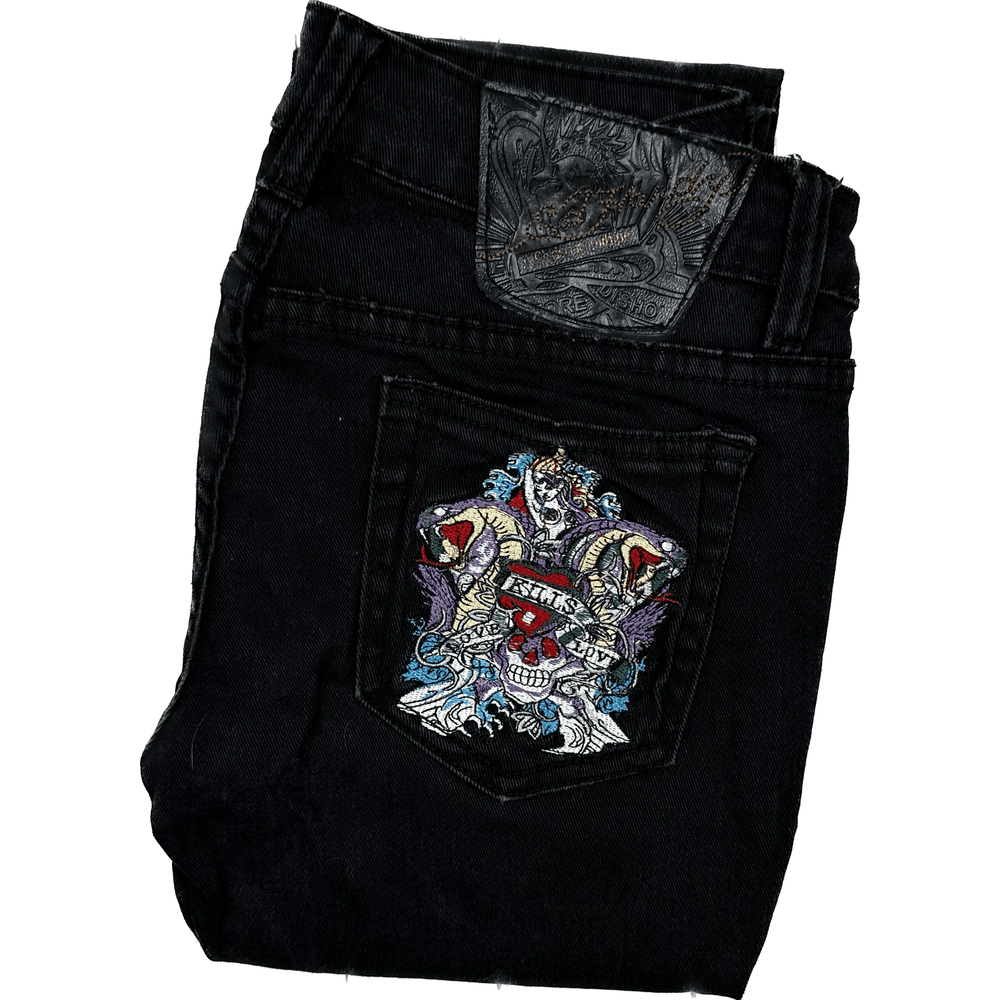 Ed Hardy 'Love Kills' Embroidered Tattoo Ladies Denim Jeans - Size 28 - Jean Pool