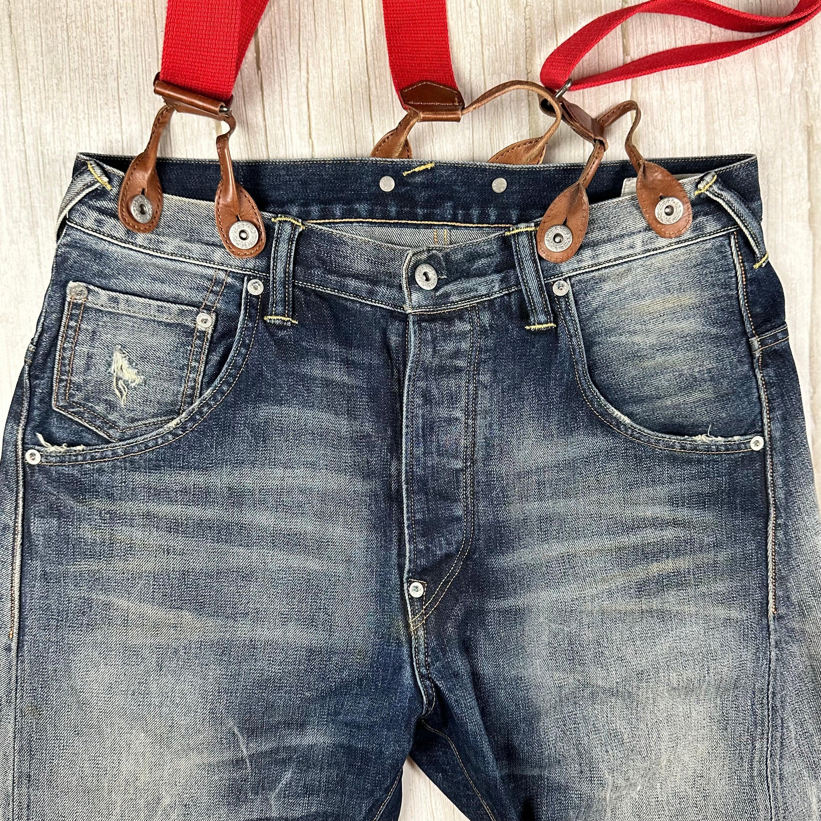 【最初期 三角タグ Evis】Evisu Stripe Suspenders Evisu Japan Evisugenes Suspender Logo Jeans - Size 30 – Jean Pool
