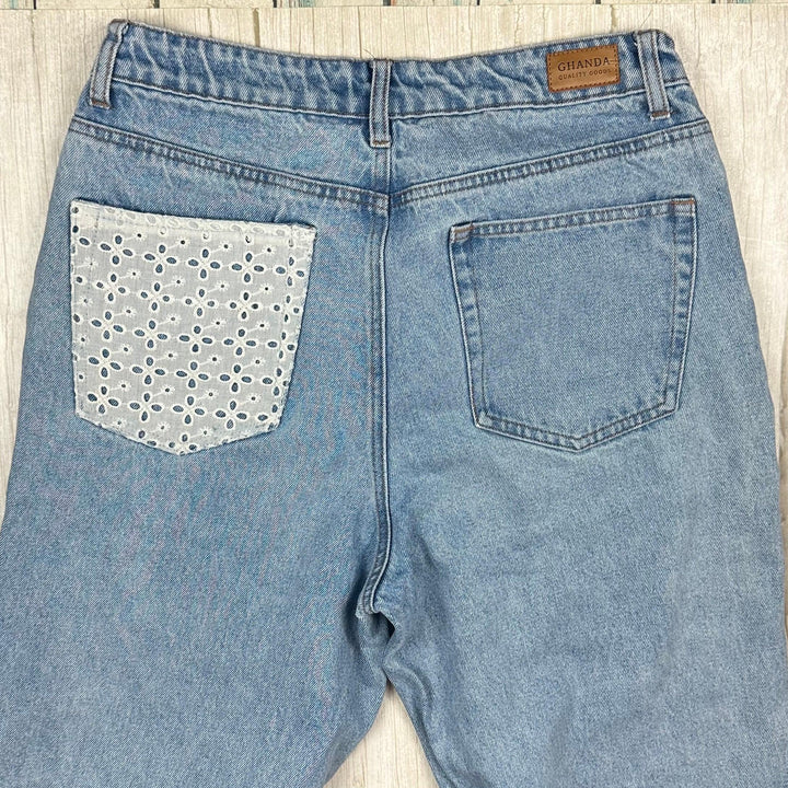 Ghanda 'Cameron' High Rise Wide Leg Patch Jeans - Size 12