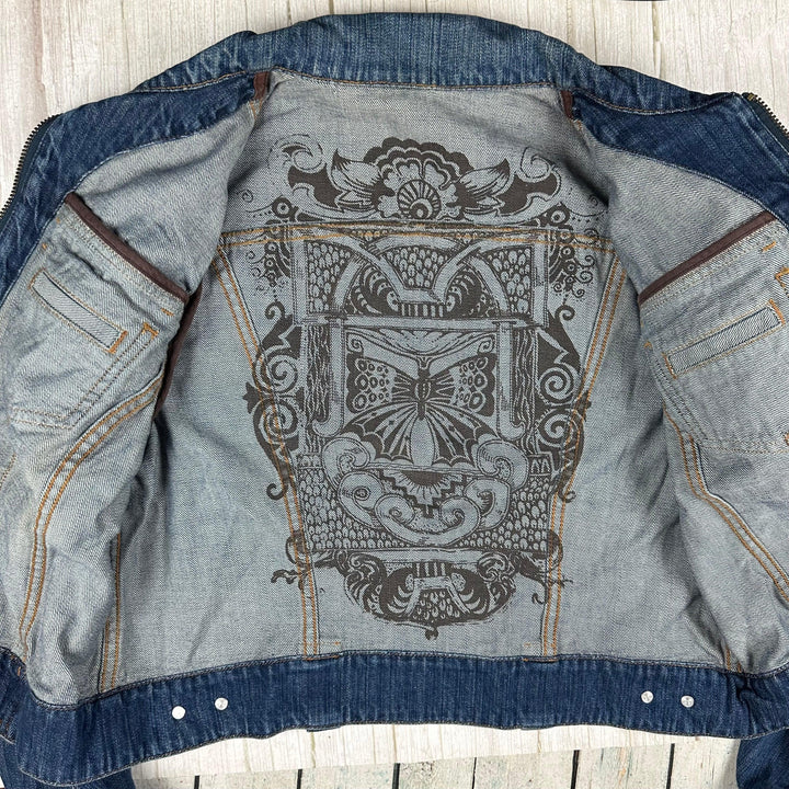 Vintage 90's Tattoo Print Denim Jean Jacket - Size M - Jean Pool