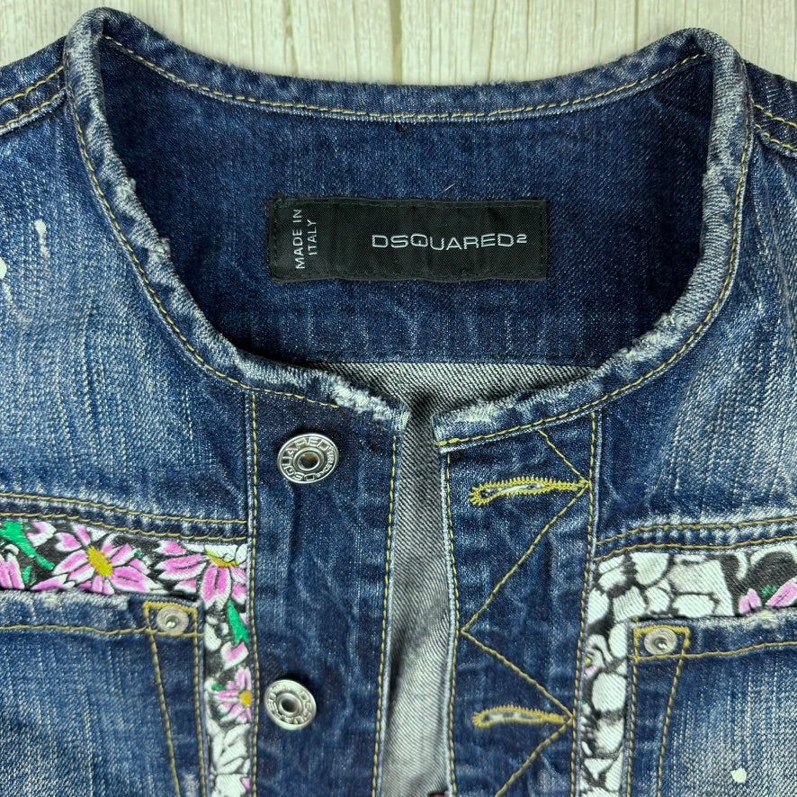Dsquared2 Ladies Fringed Floral & Denim Jean Jacket - Size S