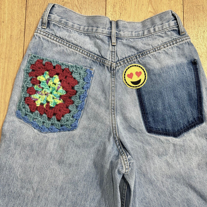 Reworked Crochet Patch Baggy Jeans - Size 8 - Jean Pool