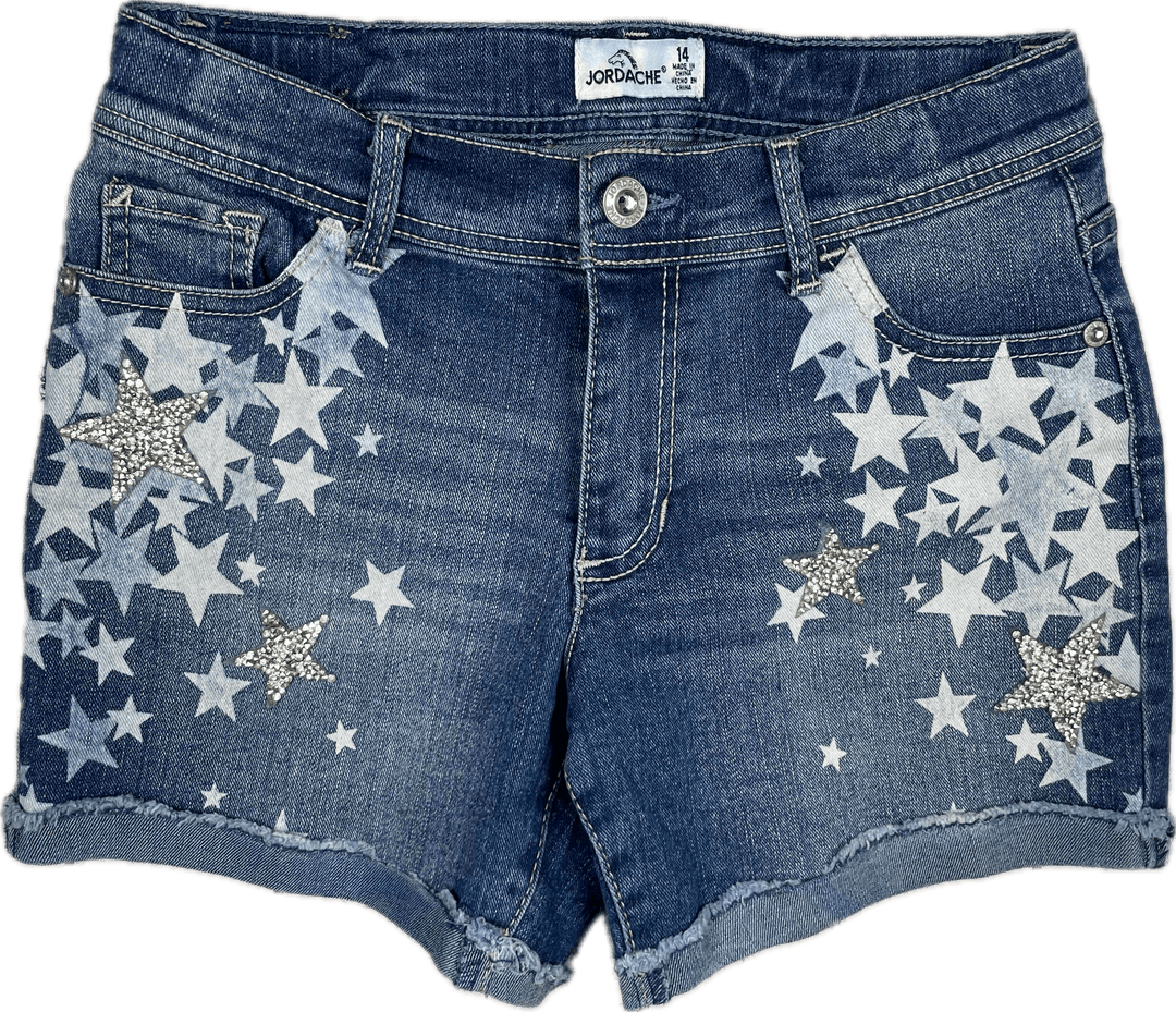 Girls Jordache Star Print Denim Shorts - Size 14 Years - Jean Pool