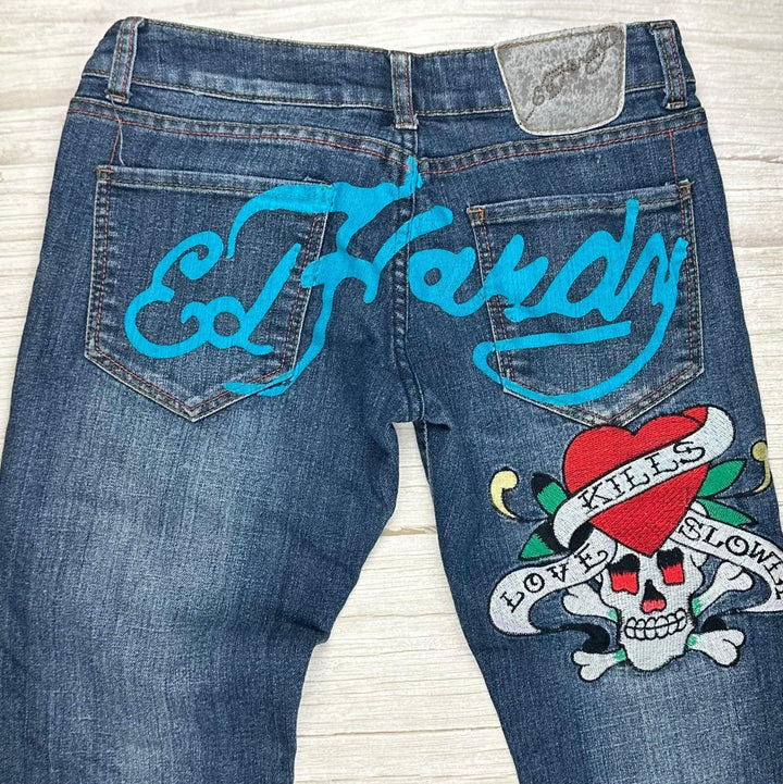 Ed Hardy 'Love Kills' Tattoo Print Ladies Denim Jeans - Size 28 - Jean Pool