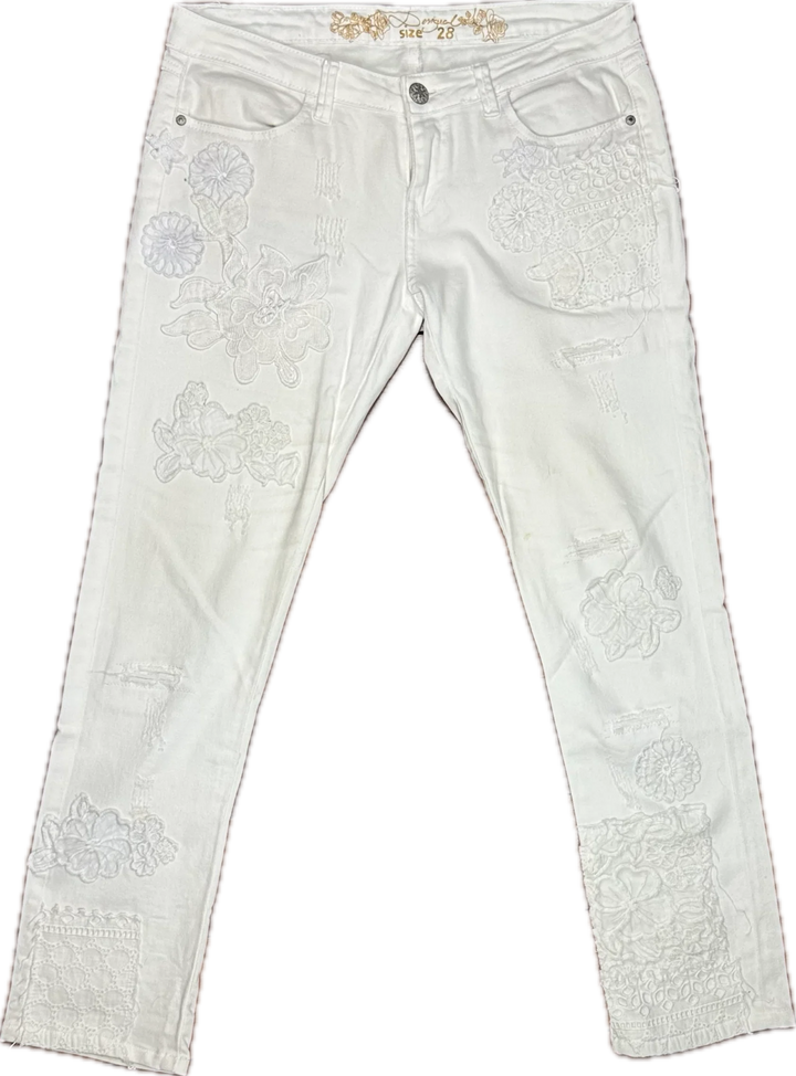 Desigual Embellished White on White Ladies Jeans- Size 28