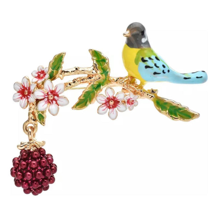 Enamel Bird on Berry Branch Floral Brooch - Jean Pool