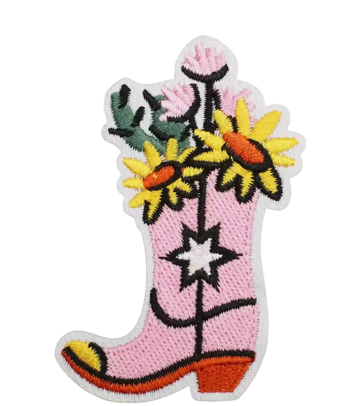 Pink Floral Cowboy Boot- Embroidered Patch