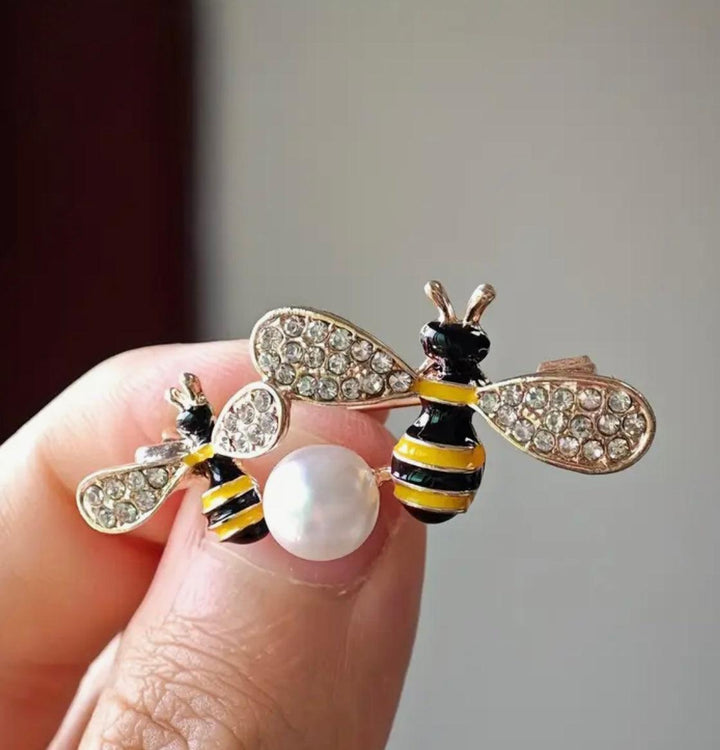 Double Bee Pearl Enamel & Sparkle Brooch