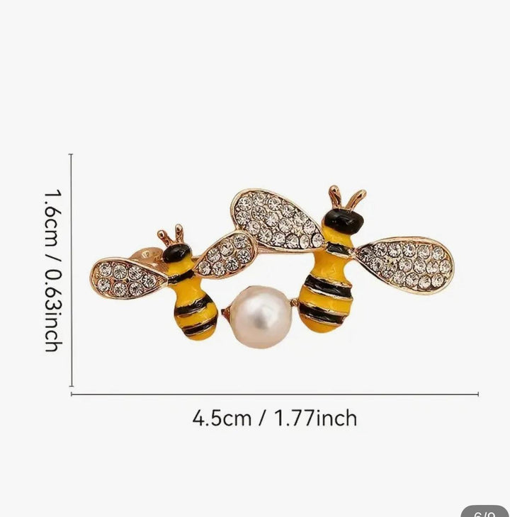 Double Bee Pearl Enamel & Sparkle Brooch