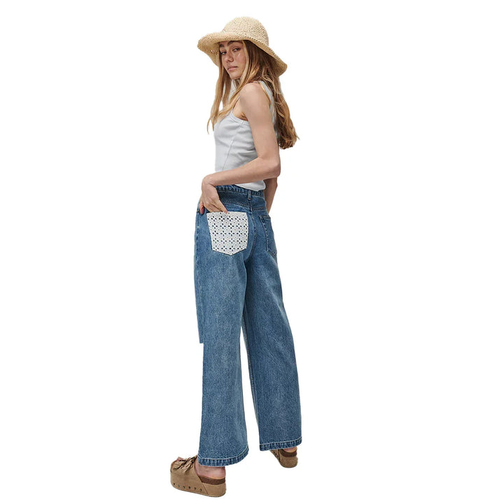 Ghanda 'Cameron' High Rise Wide Leg Patch Jeans - Size 12