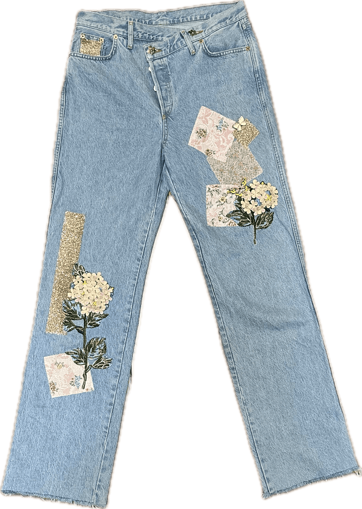 Reworked Denim Jeans 'Buy Myself Flowers'- Suit Size 12 - Jean Pool