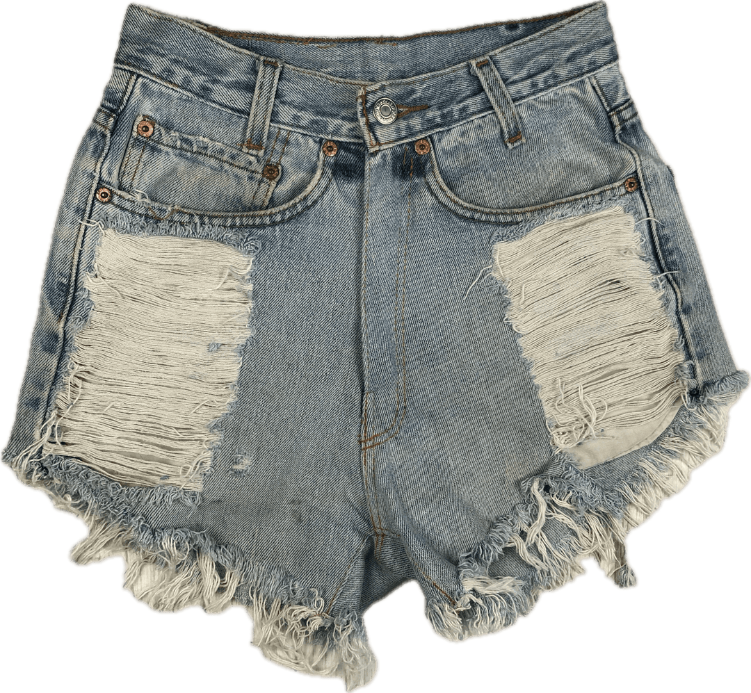 Reworked Levis Ladies High Rise Destroyed Denim Shorts - Size 8 - Jean Pool