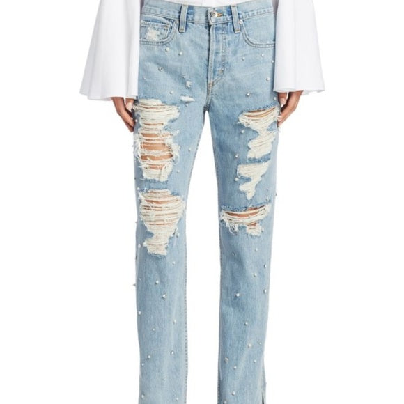 NWT - Jonathan Simkhai - Stunning Crystal & Pearl Trim Jeans  -Size 27