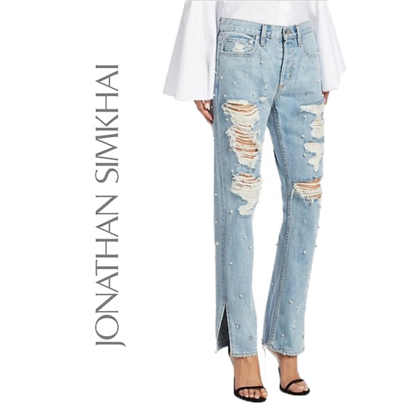 NWT - Jonathan Simkhai - Stunning Crystal & Pearl Trim Jeans  -Size 27