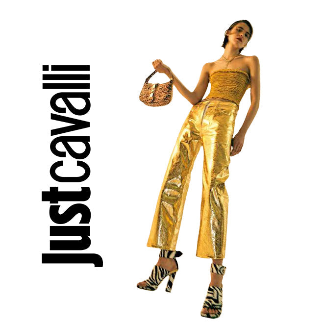 NWT- Just Cavalli Ladies Straight Metallic Gold Jeans - Size 27