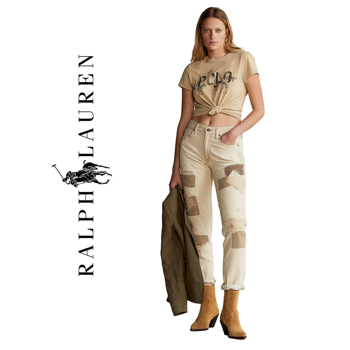 NWT-Ralph Lauren 'Avery Boyfriend' Patchwork Beige Denim Jeans - Size 27