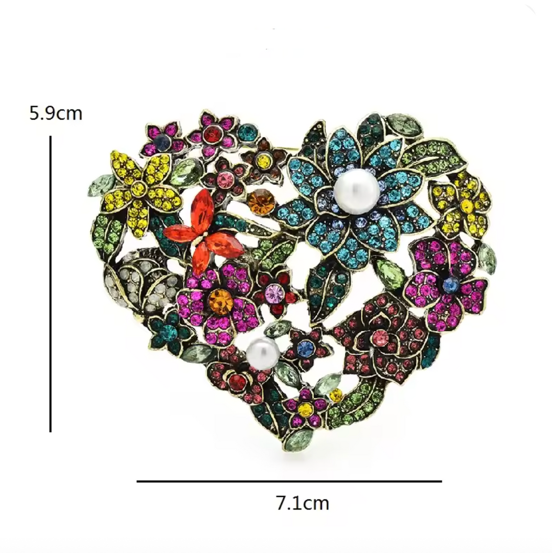 Vintage Styled Large Jewelled Floral Heart Brooch