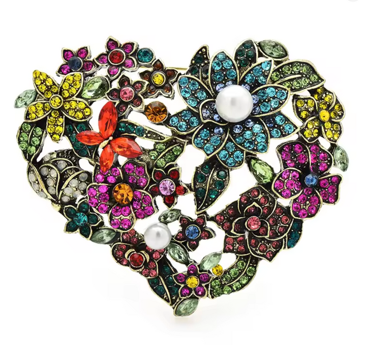 Vintage Styled Large Jewelled Floral Heart Brooch
