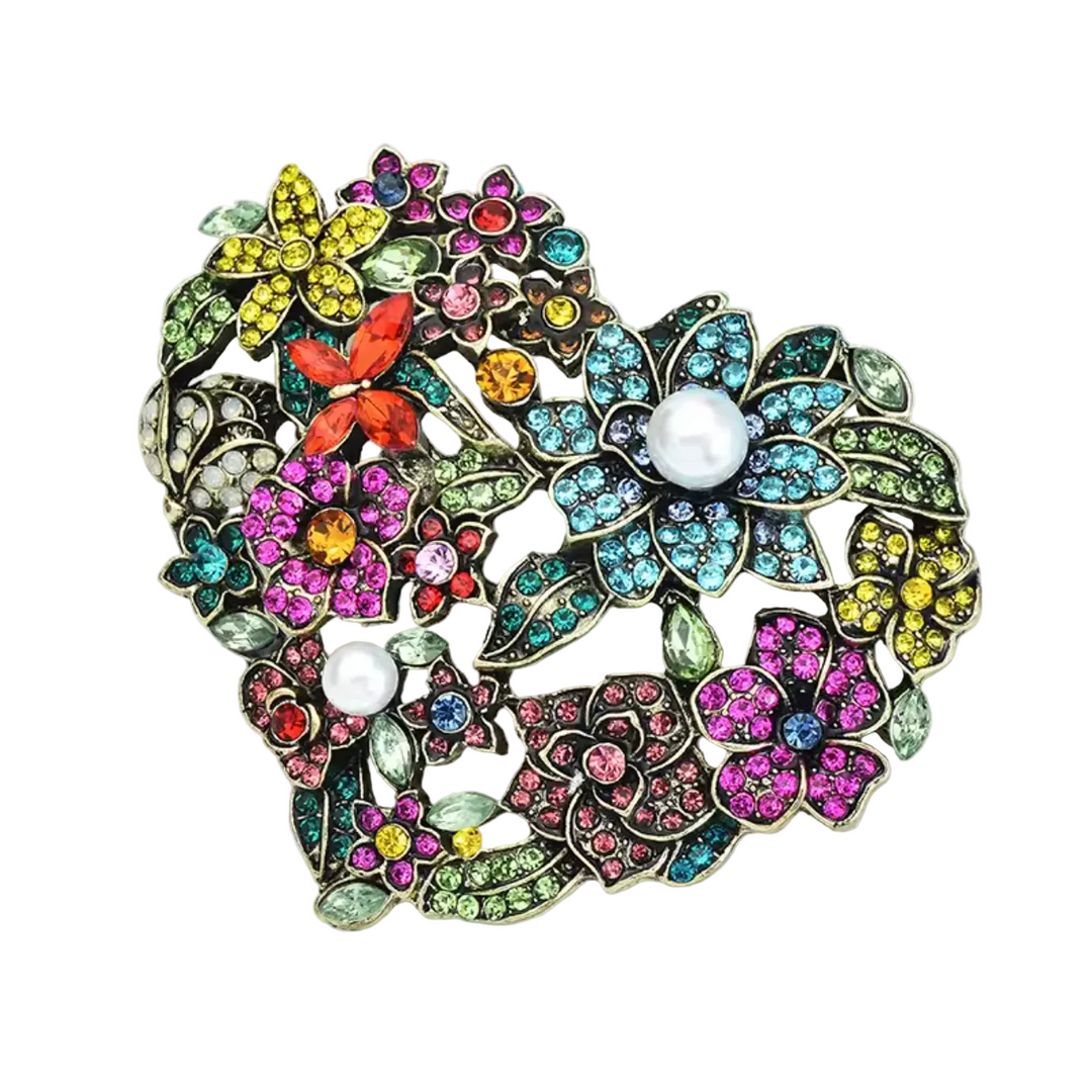 Vintage Styled Large Jewelled Floral Heart Brooch