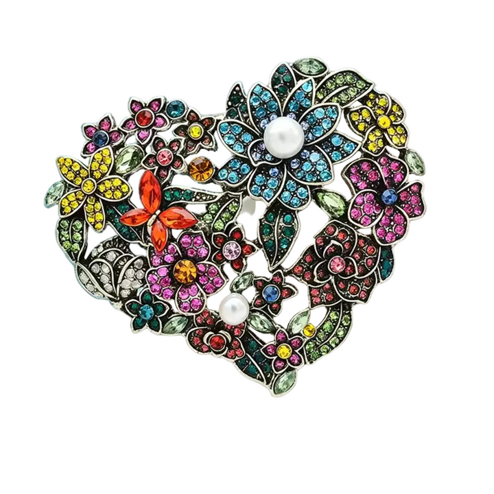 Vintage Styled Large Jewelled Floral Heart Brooch