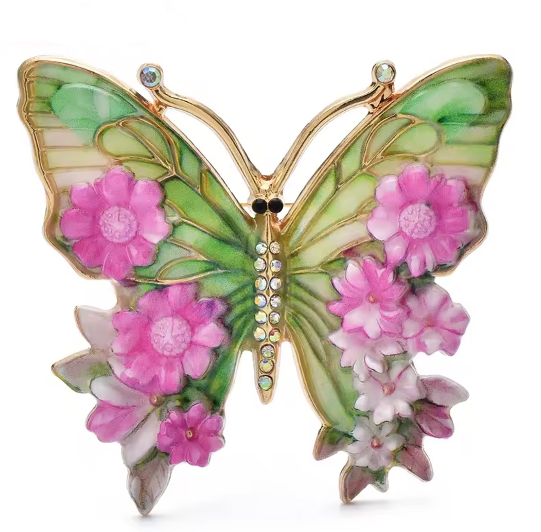 Vintage Styled Floral Jewelled & Enamel Butterfly Brooch