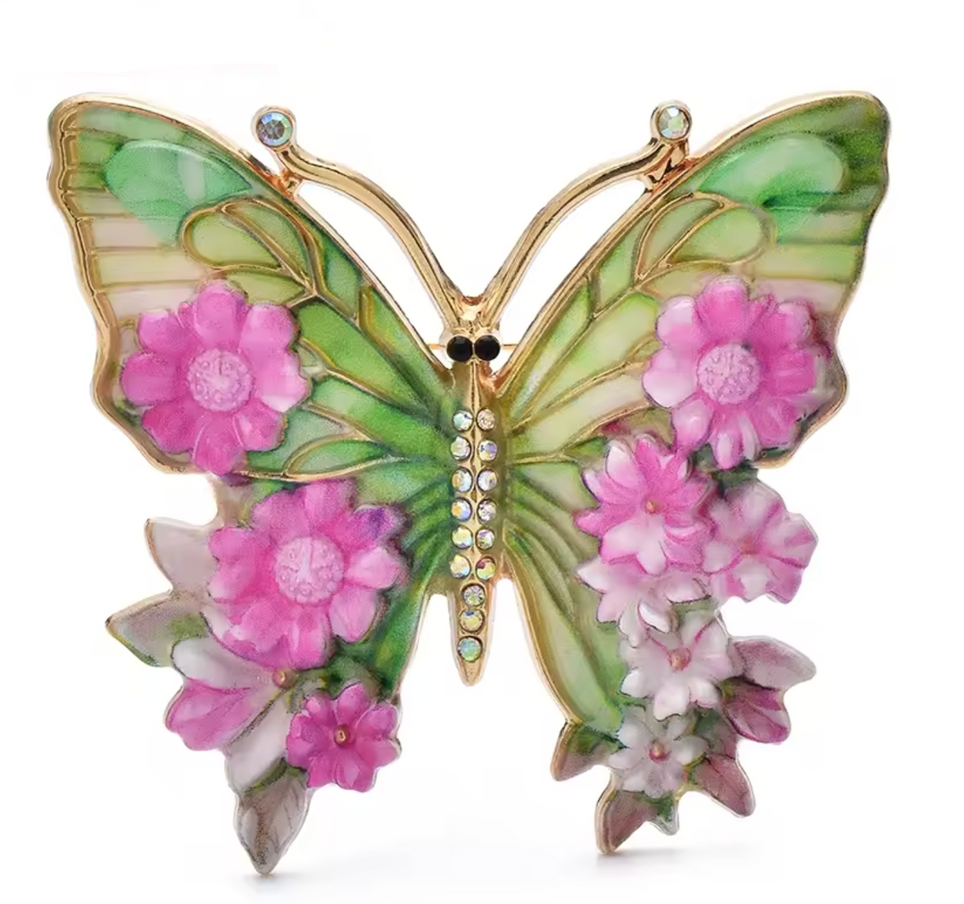 Vintage Styled Floral Jewelled & Enamel Butterfly Brooch