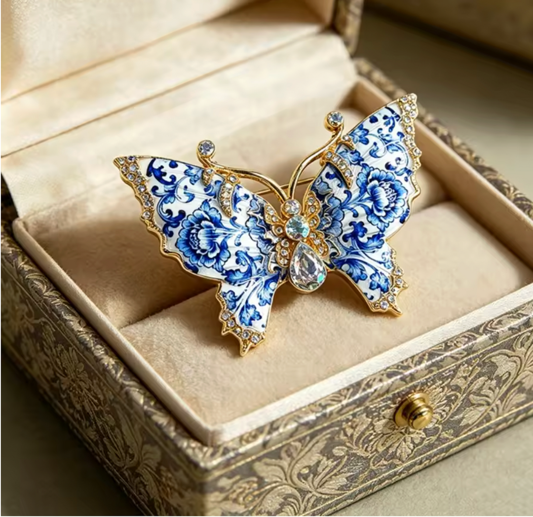 Jewelled & Enamel Chinoiserie Butterfly With Antennae Brooch