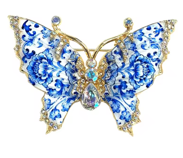 Jewelled & Enamel Chinoiserie Butterfly With Antennae Brooch