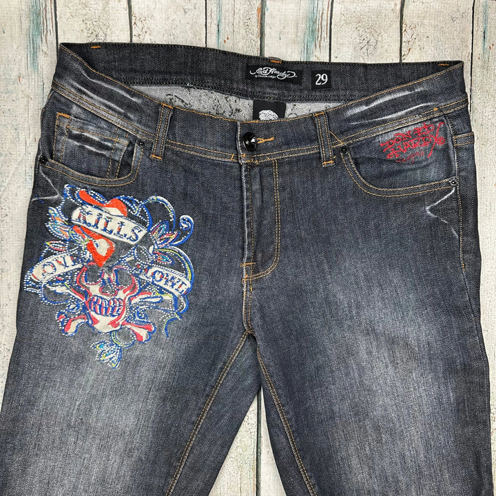 Ed Hardy Crystal Tattoo Print Ladies Denim Jeans - Size 29 - Jean Pool