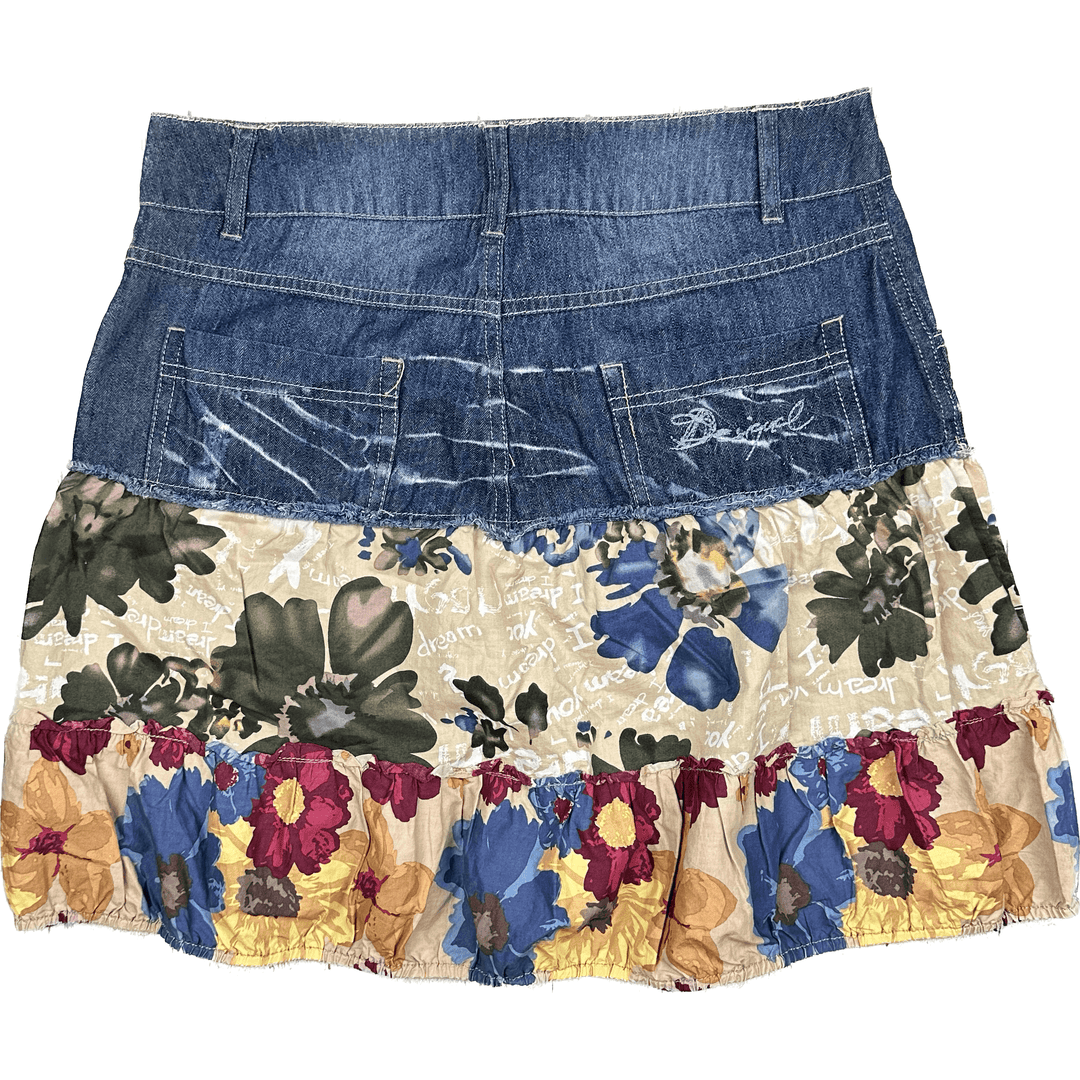 Desigual Frill Floral Hem Denim Skirt - Size 12 - Jean Pool