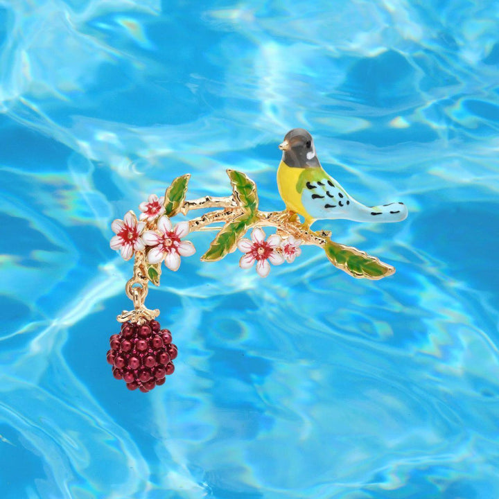 Enamel Bird on Berry Branch Floral Brooch - Jean Pool