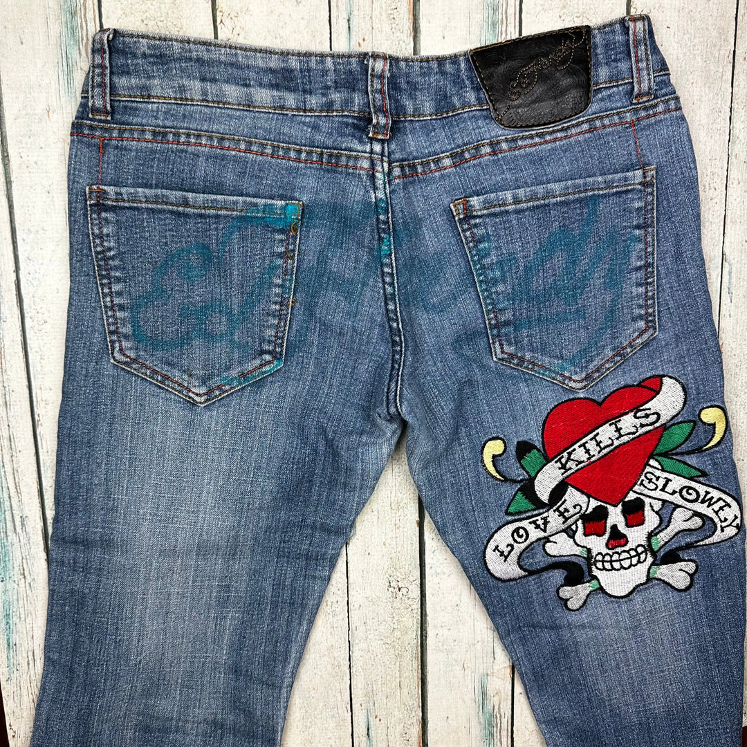 Ed Hardy 'Love Kills' Tattoo Print Ladies Denim Jeans - Size 29 - Jean Pool