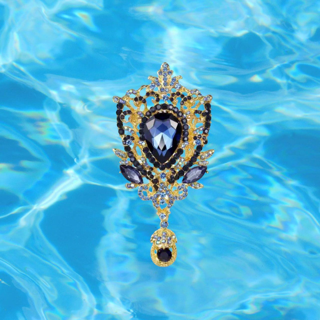 Gold & Crystal Royal Blue Jewelled Brooch - Jean Pool